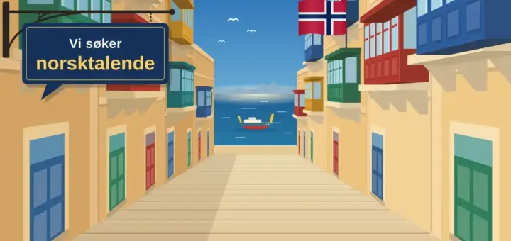 Illustrasjon av en trappegate i Valletta med fargerike maltesiske trebalkonger som fører ned mot havet og en tradisjonell luzzu-båt, der et hengende skilt formet som en snakkeboble sier «Vi søker norsktalende» og et norsk flagg vaier fra en balkong.