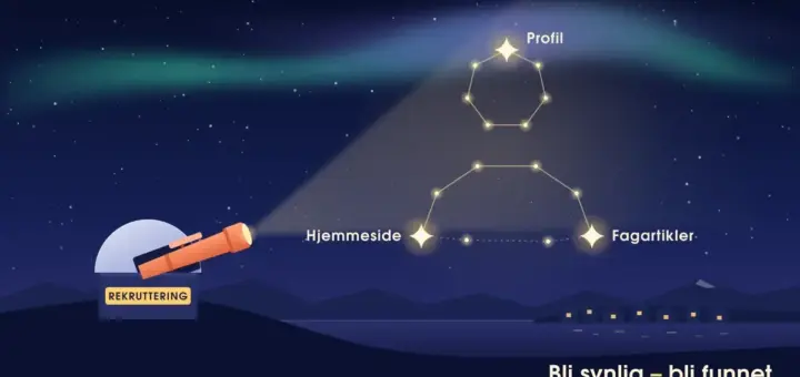 Illustrasjon av en nattehimmel med nordlys der stjernene danner et profilbilde av en person, med de klareste stjernene merket «Profil», «Hjemmeside» og «Fagartikler», mens et teleskop fra et observatorium merket «Rekruttering» får øye på stjernebildet over en norsk fjord.