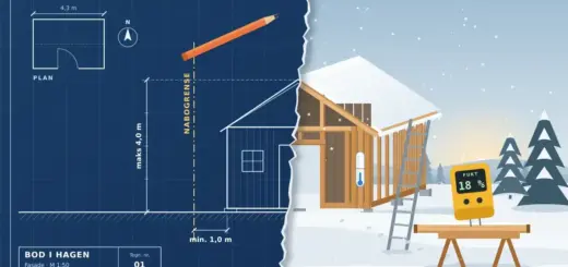 Illustrasjon av en byggetegning for en bod i hagen med målene «maks 4,0 m» og «min. 1,0 m» fra nabogrensen, som rives opp og går over i en halvferdig bod av trevirke i snøen med termometer, stige og en fuktmåler som viser 18 % på en sagbukk.