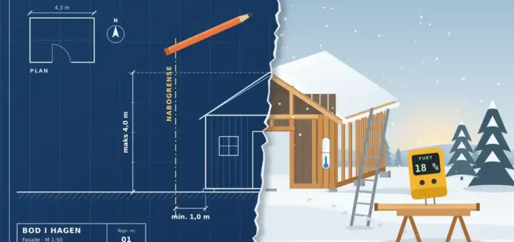 Illustrasjon av en byggetegning for en bod i hagen med målene «maks 4,0 m» og «min. 1,0 m» fra nabogrensen, som rives opp og går over i en halvferdig bod av trevirke i snøen med termometer, stige og en fuktmåler som viser 18 % på en sagbukk.
