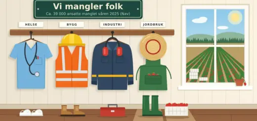 Illustrasjon av en knaggrekke under skiltet «Vi mangler folk», der arbeidsklær for helse, bygg, industri og jordbruk henger klare uten noen til å bruke dem, mens vinduet viser en jordbæråker full av modne bær og tomme plukkekasser.