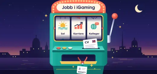 Illustrasjon av en spilleautomat merket «Jobb i iGaming» der en CV med norsk flagg mates inn i spalten og hjulene stopper på Sol, Karriere og Kolleger, mens et adgangskort merket «Ansatt» kommer ut i utbetalingsskuffen foran silhuetten av en kveldsopplyst middelhavsby med kuppelkirker.