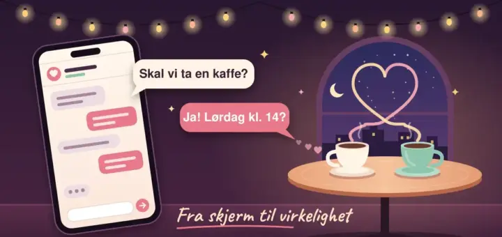 Illustrasjon av en mobiltelefon med chatmeldinger der boblene «Skal vi ta en kaffe?» og «Ja! Lørdag kl. 14?» svever ut av skjermen mot et kafébord med to kaffekopper, hvor dampen former et hjerte foran et kveldsvindu, med teksten «Fra skjerm til virkelighet».