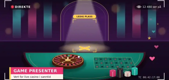Illustrasjon av et live casino-studio med rulettbord og sjetonger, sett gjennom søkeren på et TV-kamera med «DIREKTE»-merke, der en lyskaster og et gult fokusfelt merket «LEDIG PLASS» peker ut den tomme verteplassen, mens en tekstplakat viser «Game presenter – vert for live casino i sanntid».