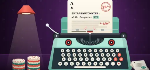 Illustrasjon av en mintgrønn skrivemaskin med tastene Æ, Ø og Å uthevet som skriver et manus på et spillkort med overskriften «Spilleautomater: slik fungerer RTP», et rødt 18+-stempel og randnotatet «kilde?», mens en lampe lyser på stabler av sjetonger merket «kr» og en bunke ferdige tekstkort ligger ved siden av.