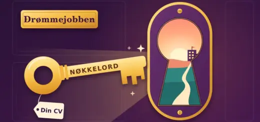 Illustrasjon av en gyllen nøkkel med ordet «Nøkkelord» inngravert og en lapp merket «Din CV», som nærmer seg et stort nøkkelhull på en plommefarget dør med skiltet «Drømmejobben», der en sti gjennom nøkkelhullet leder mot en arbeidsplass i soloppgang.