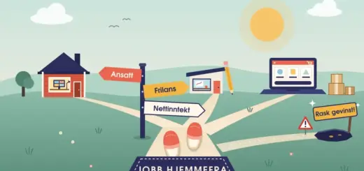 Illustrasjon av et par tøfler som tar de første stegene fra en dørmatte med teksten «Jobb hjemmefra» mot et veiskille, der et skilt peker til tre veier – Ansatt mot et rødt hus med hjemmekontor, Frilans mot et lite atelier med en stor blyant og Nettinntekt mot en bærbar PC med nettbutikk – mens en fjerde sti ender i en fallgrop bak en varseltrekant og et glorete skilt med «Rask gevinst!».