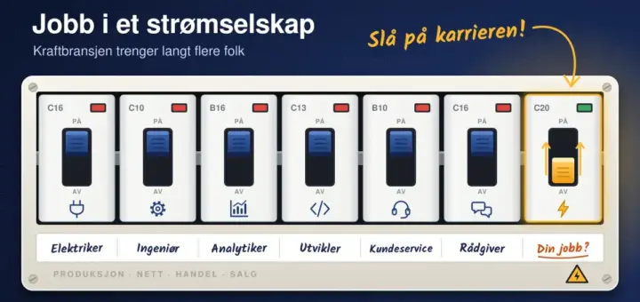 Illustrasjon av et sikringsskap der automatsikringene er merket «Elektriker», «Ingeniør», «Analytiker», «Utvikler», «Kundeservice» og «Rådgiver», mens den siste sikringen, «Din jobb?», lyser gult og venter på å bli slått på, med teksten «Jobb i et strømselskap» og «Slå på karrieren!».
