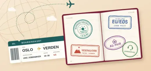 Illustrasjon av et åpent pass med stempler for working holiday 18–30 år, EU/EØS, sesongjobb, au pair og kundeservice, ved siden av et boardingkort fra Oslo til «Verden» og et fly som følger en stiplet rute over en jordklode.
