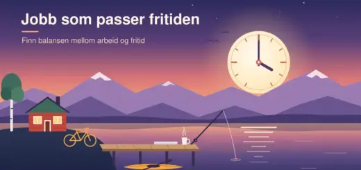 Illustrasjon av et norsk fjordlandskap i kveldslys der solen er en klokke som viser 16.00, med en rød hytte, en sykkel, en brygge med lukket bærbar PC, kaffekopp og fiskestang, en kajakk på vannet og teksten «Jobb som passer fritiden».