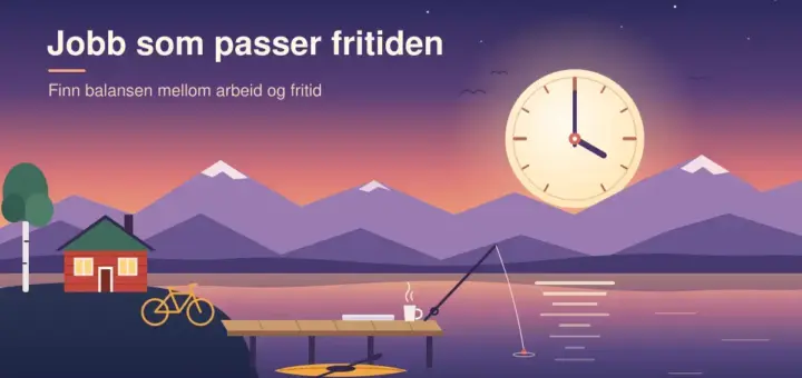 Illustrasjon av et norsk fjordlandskap i kveldslys der solen er en klokke som viser 16.00, med en rød hytte, en sykkel, en brygge med lukket bærbar PC, kaffekopp og fiskestang, en kajakk på vannet og teksten «Jobb som passer fritiden».