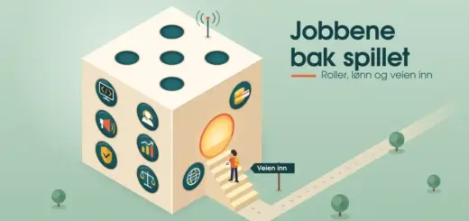 Illustrasjon av en stor terning formet som et kontorbygg, der øynene på terningen er vinduer som viser yrker som utvikler, kundeveileder, markedsfører, analytiker, sikkerhetsekspert og jurist, mens en person med ryggsekk og CV følger stien «Veien inn» opp en trapp mot en lysende dør.