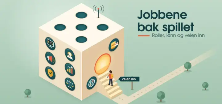 Illustrasjon av en stor terning formet som et kontorbygg, der øynene på terningen er vinduer som viser yrker som utvikler, kundeveileder, markedsfører, analytiker, sikkerhetsekspert og jurist, mens en person med ryggsekk og CV følger stien «Veien inn» opp en trapp mot en lysende dør.