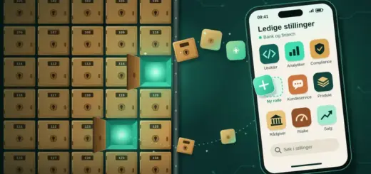 Illustrasjon av en vegg med bankbokser i messing der to åpne bokser slipper ut lysende fliser som forvandles til app-ikoner på vei inn i en mobil som viser «Ledige stillinger» innen bank og fintech, med roller som utvikler, analytiker, compliance, kundeservice, produkt, rådgiver, risiko og salg.