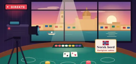Illustrasjon av et tomt kortgiverbord i et livecasino-studio med utsikt over en solfylt middelhavshavn, der et TV-kamera under et rødt «Direkte»-skilt er rettet mot et bordskilt med norsk flagg og teksten «Norsk bord – Kortgiver søkes».