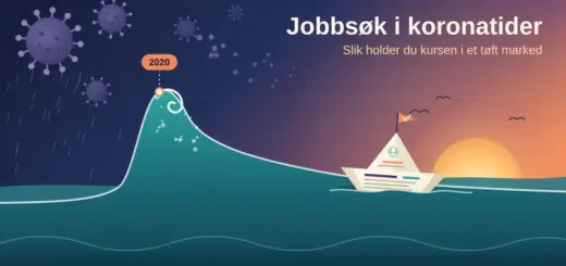 Illustrasjon av en papirbåt brettet av en CV som seiler ned en bølge formet som ledighetskurven med toppen i 2020, bort fra koronaviruspartikler på en mørk himmel og mot en soloppgang.