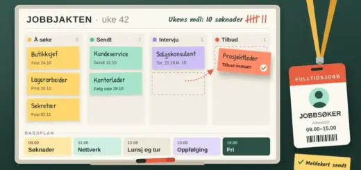 Illustrasjon av en planleggingstavle for jobbjakten i uke 42 med kolonnene «Å søke», «Sendt», «Intervju» og «Tilbud», der en lapp for stillingen som prosjektleder flyttes til «Tilbud», en dagsplan fra søknader kl. 09.00 til fri kl. 15.00, et ansattkort med teksten «Fulltidsjobb – Jobbsøker» og en gul lapp om at meldekortet er sendt.