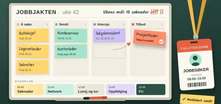 Illustrasjon av en planleggingstavle for jobbjakten i uke 42 med kolonnene «Å søke», «Sendt», «Intervju» og «Tilbud», der en lapp for stillingen som prosjektleder flyttes til «Tilbud», en dagsplan fra søknader kl. 09.00 til fri kl. 15.00, et ansattkort med teksten «Fulltidsjobb – Jobbsøker» og en gul lapp om at meldekortet er sendt.