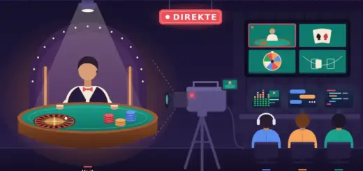 Illustrasjon av et live casino-studio der en vert står ved et rulettbord under et spotlys med et rødt «DIREKTE»-skilt, mens et kamera filmer og en tekniker, en moderator og en utvikler følger sendingen fra skjermene i kontrollrommet bak kameraet.