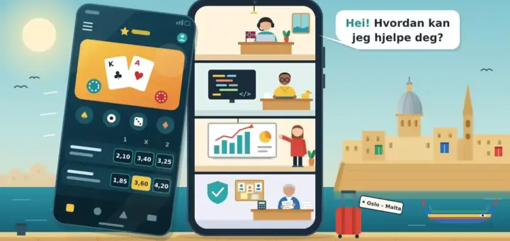 Illustrasjon av en mobiltelefon som står som en kontorbygning på kaia i Valletta på Malta, der skjermen med et nettcasino er løftet av og avslører kundeservice, utvikling, dataanalyse og økonomi/compliance i hver sin etasje, med en snakkeboble som sier «Hei! Hvordan kan jeg hjelpe deg?», en koffert med lappen «Oslo – Malta» og en fargerik maltesisk fiskebåt i havna.