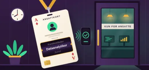 Illustrasjon av et ansattkort formet som et ruter ess i et gult nøkkelbånd, der et rullevindu som på en spilleautomat viser rollene Kundeveileder, Dataanalytiker og Jurist, mens kortet blir godkjent av en kortleser ved en glassdør merket «Kun for ansatte» med et kontor fullt av skjermer på innsiden.