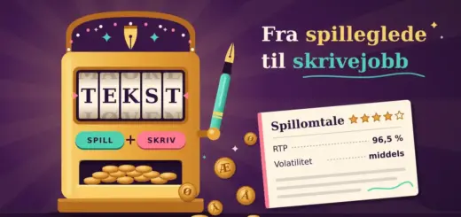 Illustrasjon av en gyllen spilleautomat der hjulene staver «TEKST», knappene heter «SPILL» og «SKRIV» og spaken er en fyllepenn, mens mynter preget med Æ, Ø og Å triller ut mot en spillomtale med RTP og volatilitet ved siden av teksten «Fra spilleglede til skrivejobb».