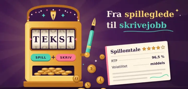 Illustrasjon av en gyllen spilleautomat der hjulene staver «TEKST», knappene heter «SPILL» og «SKRIV» og spaken er en fyllepenn, mens mynter preget med Æ, Ø og Å triller ut mot en spillomtale med RTP og volatilitet ved siden av teksten «Fra spilleglede til skrivejobb».