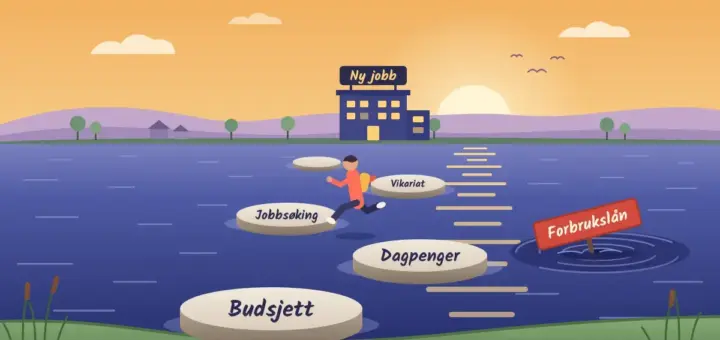 Illustrasjon av en person som hopper over trappesteiner merket «Budsjett», «Dagpenger», «Jobbsøking» og «Vikariat» i en elv i soloppgang, mot et opplyst kontorbygg med skiltet «Ny jobb», mens et skilt med «Forbrukslån» synker i en virvel ved siden av.