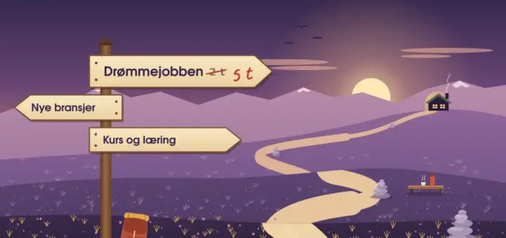 Illustrasjon av et veiskilt på fjellet der tiden til «Drømmejobben» er endret fra 2 t til 5 t, med skiltene «Nye bransjer» og «Kurs og læring», mens en lang, svingete sti med varder og en benk for pause leder opp mot en hytte med lys i vinduene i solnedgangen.