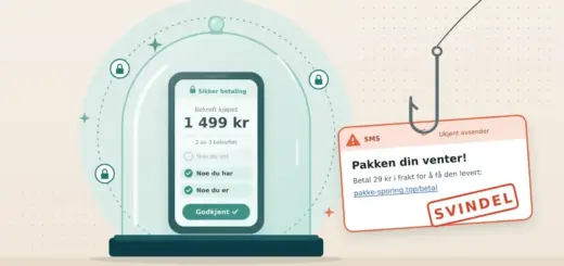 Illustrasjon av en mobiltelefon med «Bekreft kjøpet – 1 499 kr», godkjent med to av tre elementer, trygt plassert under en glasskuppel, mens en fiskekrok utenfor dingler med en falsk SMS om en pakke som venter, stemplet «SVINDEL».