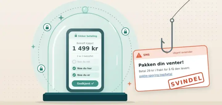 Illustrasjon av en mobiltelefon med «Bekreft kjøpet – 1 499 kr», godkjent med to av tre elementer, trygt plassert under en glasskuppel, mens en fiskekrok utenfor dingler med en falsk SMS om en pakke som venter, stemplet «SVINDEL».
