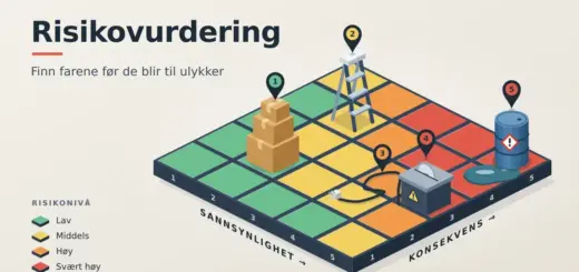 Illustrasjon av et arbeidsgulv formet som en risikomatrise med grønne, gule, oransje og røde fliser langs aksene «Sannsynlighet» og «Konsekvens», der nummererte markører peker ut farer som en pappeskestabel, en trappestige, en løs ledning, en sirkelsag og en lekkende kjemikalietønne.
