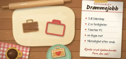 Illustrasjon sett ovenfra av et kjøkkenbord med utkjevlet deig der en rød pepperkakeform stikker ut en koffert, en ferdigbakt kofferformet kake med rødt glasurhjerte på en grønn tallerken og et oppskriftskort med overskriften «Drømmejobb» og ingredienser som lidenskap, ferdigheter og en klype mot.