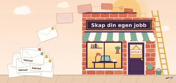 Illustrasjon av en haug med jobbsøknader i konvolutter som flyr opp og blir til murstein i veggen på en liten, nybygd butikk med skiltet «Skap din egen jobb» og et «Åpent»-skilt på døren.