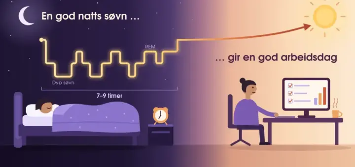 Illustrasjon av en person som sover i en seng under månen, der en lysende søvnkurve med dyp søvn og REM-søvn gjennom 7–9 timer stiger mot sola og blir til en pil over den samme personen som jobber uthvilt ved et skrivebord, med teksten «En god natts søvn … gir en god arbeidsdag».