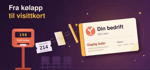 Illustrasjon av en korall kølappautomat i et venterom med tomme stoler, der en kølapp med nummer 214 flyr ut, snur seg i lufta og blir til et visittkort for «Din bedrift» med tittelen «Daglig leder», under teksten «Fra kølapp til visittkort».