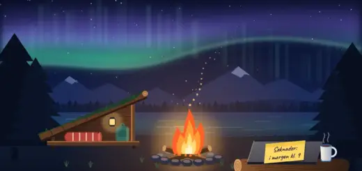 Illustrasjon av en gapahuk ved et fjellvann under nordlyset, der et bål sender gnister mot himmelen og en lukket bærbar PC på en tømmerstokk har en gul lapp med teksten «Søknader: i morgen kl. 9» ved siden av en dampende emaljekopp.