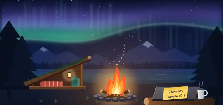 Illustrasjon av en gapahuk ved et fjellvann under nordlyset, der et bål sender gnister mot himmelen og en lukket bærbar PC på en tømmerstokk har en gul lapp med teksten «Søknader: i morgen kl. 9» ved siden av en dampende emaljekopp.