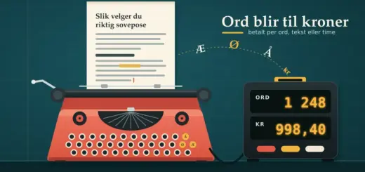 Illustrasjon av en rød skrivemaskin med en artikkel på arket, der bokstavene Æ, Ø og Å flyr inn i en tellemaskin som viser 1 248 ord og 998,40 kr, under teksten «Ord blir til kroner».