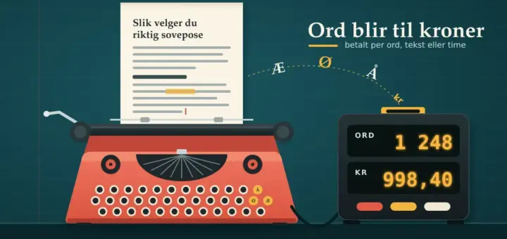 Illustrasjon av en rød skrivemaskin med en artikkel på arket, der bokstavene Æ, Ø og Å flyr inn i en tellemaskin som viser 1 248 ord og 998,40 kr, under teksten «Ord blir til kroner».