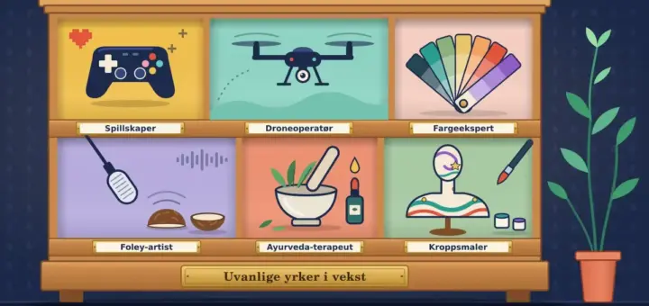 Illustrasjon av et kuriositetsskap i tre der seks belyste rom viser verktøy for uvanlige kreative yrker – en spillkontroll, en drone, en fargevifte, en mikrofon med kokosnøttskall, en morter med urter og en malt byste – merket «Spillskaper», «Droneoperatør», «Fargeekspert», «Foley-artist», «Ayurveda-terapeut» og «Kroppsmaler», med messingskiltet «Uvanlige yrker i vekst» og en voksende plante ved s